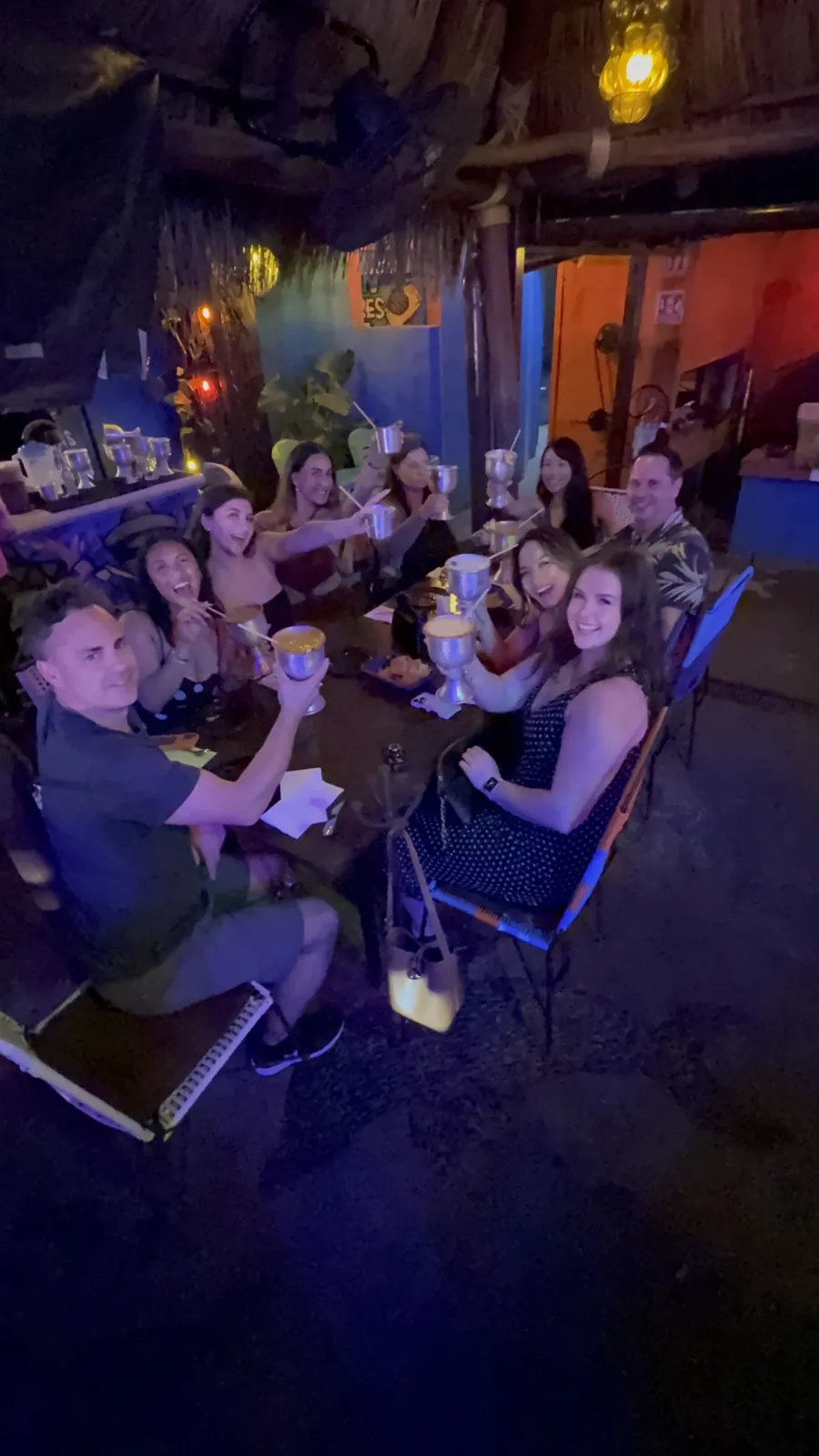Group dinner at a lantern-lit restaurant in town